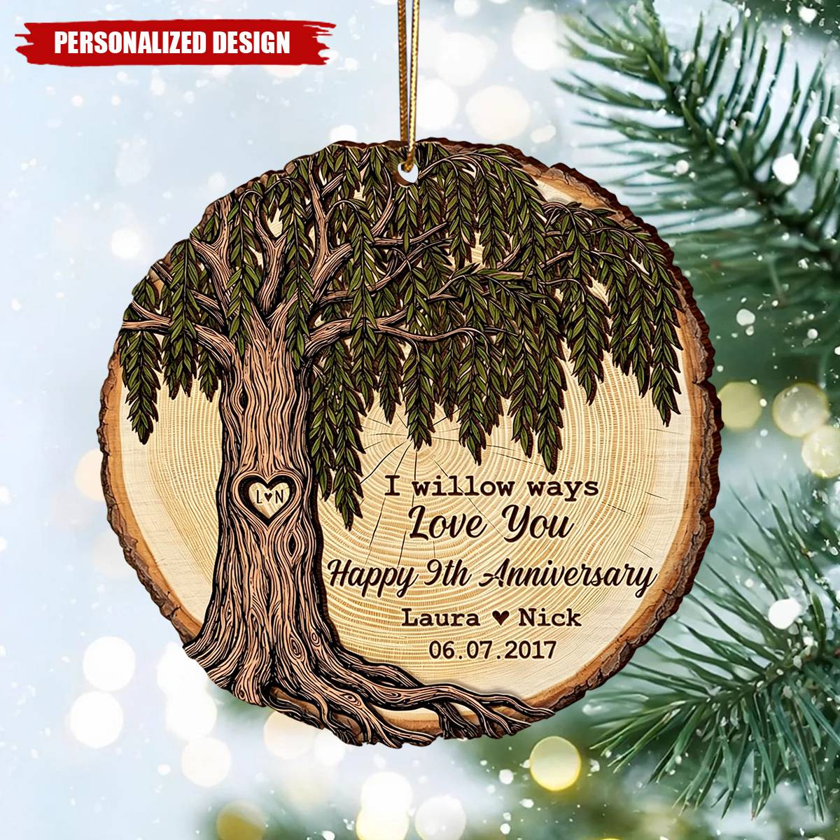 Custom Anniversary Wood Slice Ornament personalization view for Couples