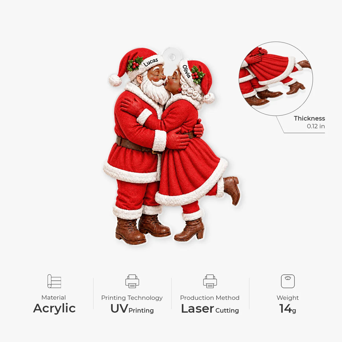 Kissing Santa Couple Personalized Acrylic Ornament - Couples Christmas Keepsake