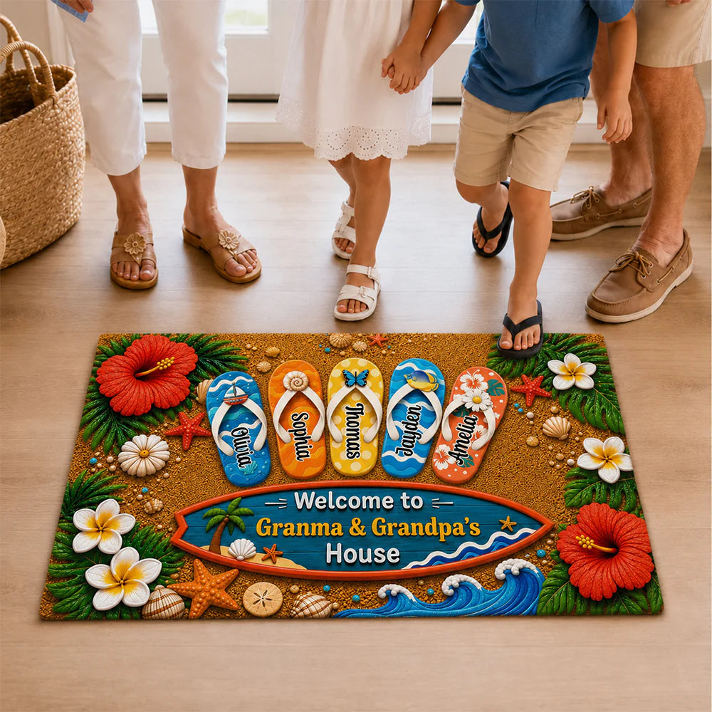 Personalized grandparents doormat with custom grandchildren names on beach flip-flops for summer housewarming gift