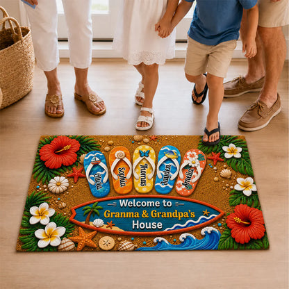 Personalized grandparents doormat with custom grandchildren names on beach flip-flops for summer housewarming gift