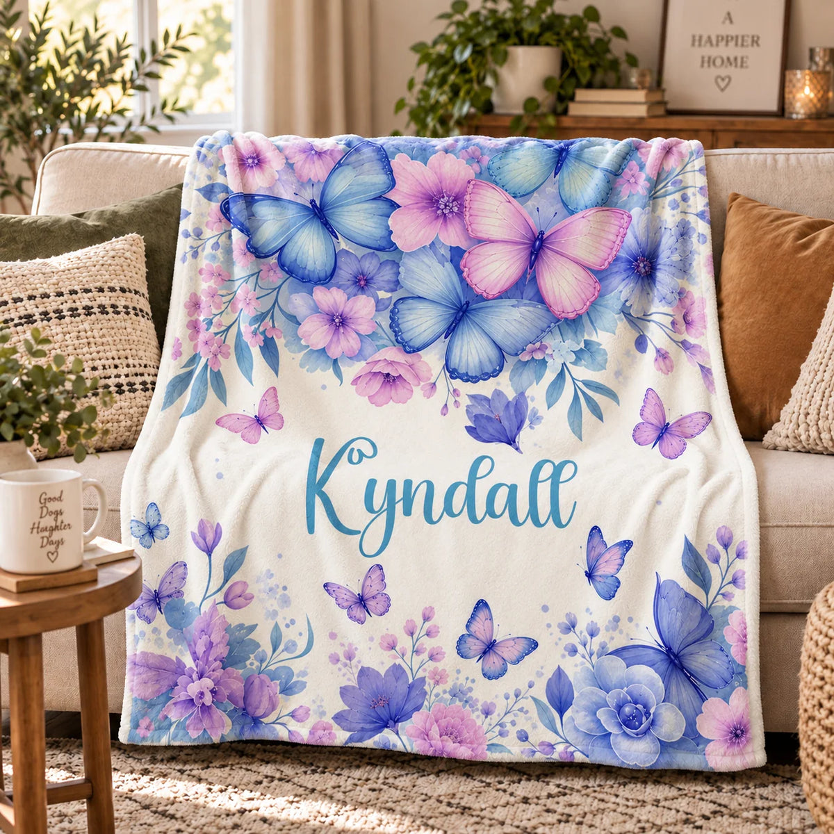 Personalized Butterfly Blanket with Custom Name - Floral Birthday Gift for Daughter or Granddaughter