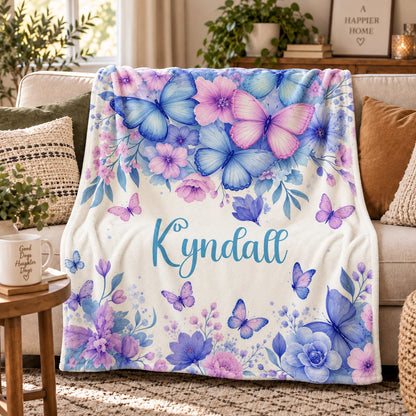 Personalized Butterfly Blanket with Custom Name - Floral Birthday Gift for Daughter or Granddaughter