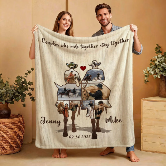 "Couples Who Ride Together Stay Together" Personalized Blanket - Custom Photo Horse Riding Gift
