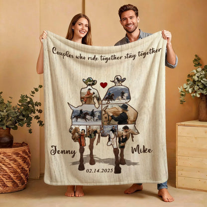 "Couples Who Ride Together Stay Together" Personalized Blanket - Custom Photo Horse Riding Gift