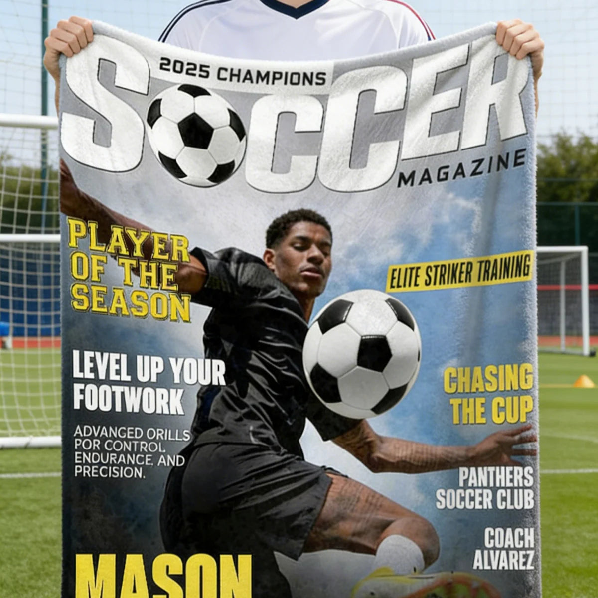 Personalized Soccer Magazine Blanket for Son/Grandson with personalized design details for meaningful gifting image 6