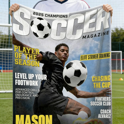 Personalized Soccer Magazine Blanket for Son/Grandson with personalized design details for meaningful gifting image 6