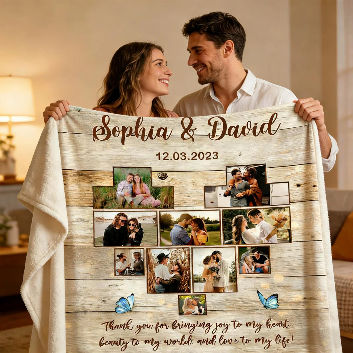 "Thank You for Bringing Joy to My Heart" Custom Photo Blanket - Personalized Anniversary Keepsake for Couples