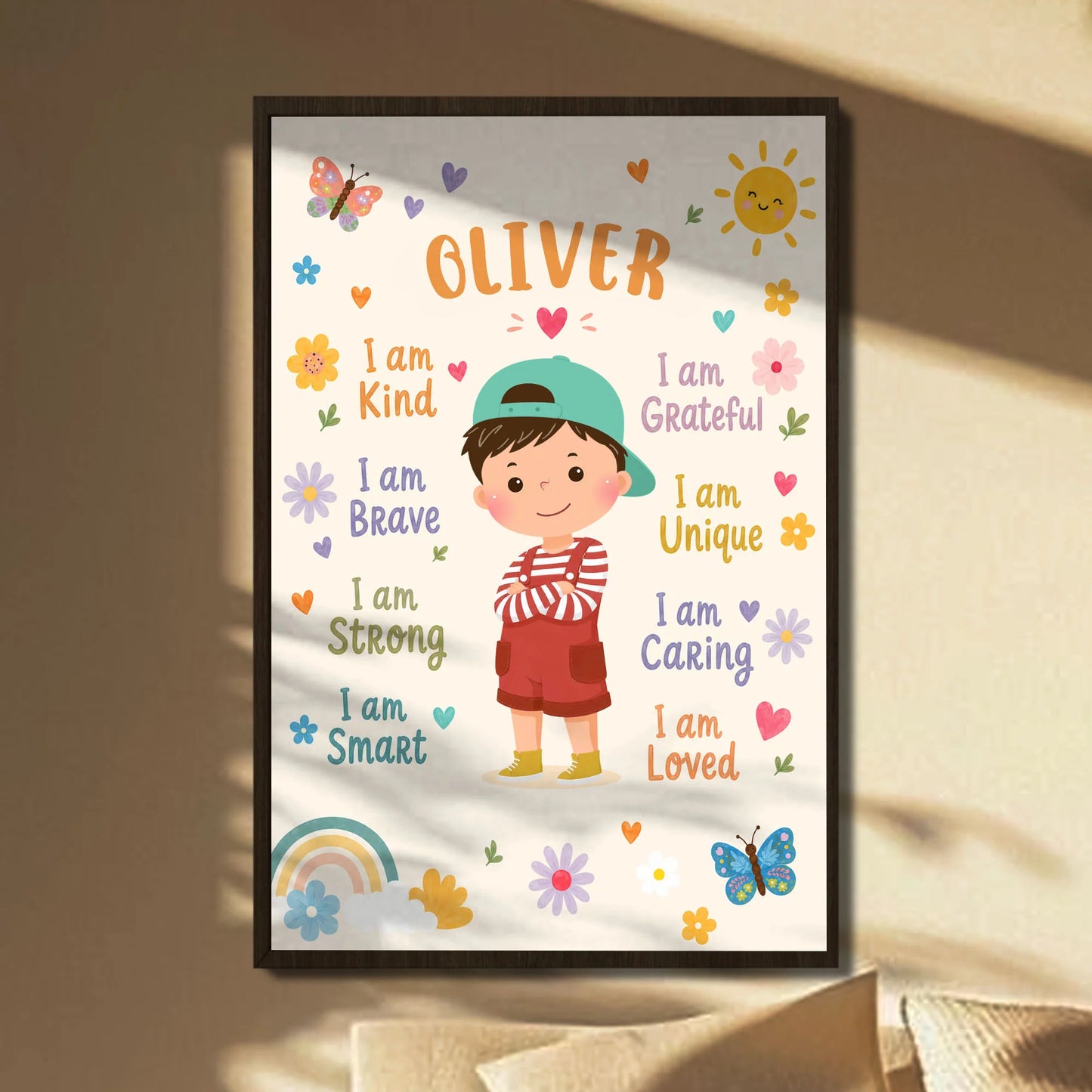 Personalized positive affirmations for kids poster with custom boy cartoon art and uplifting daily quotes