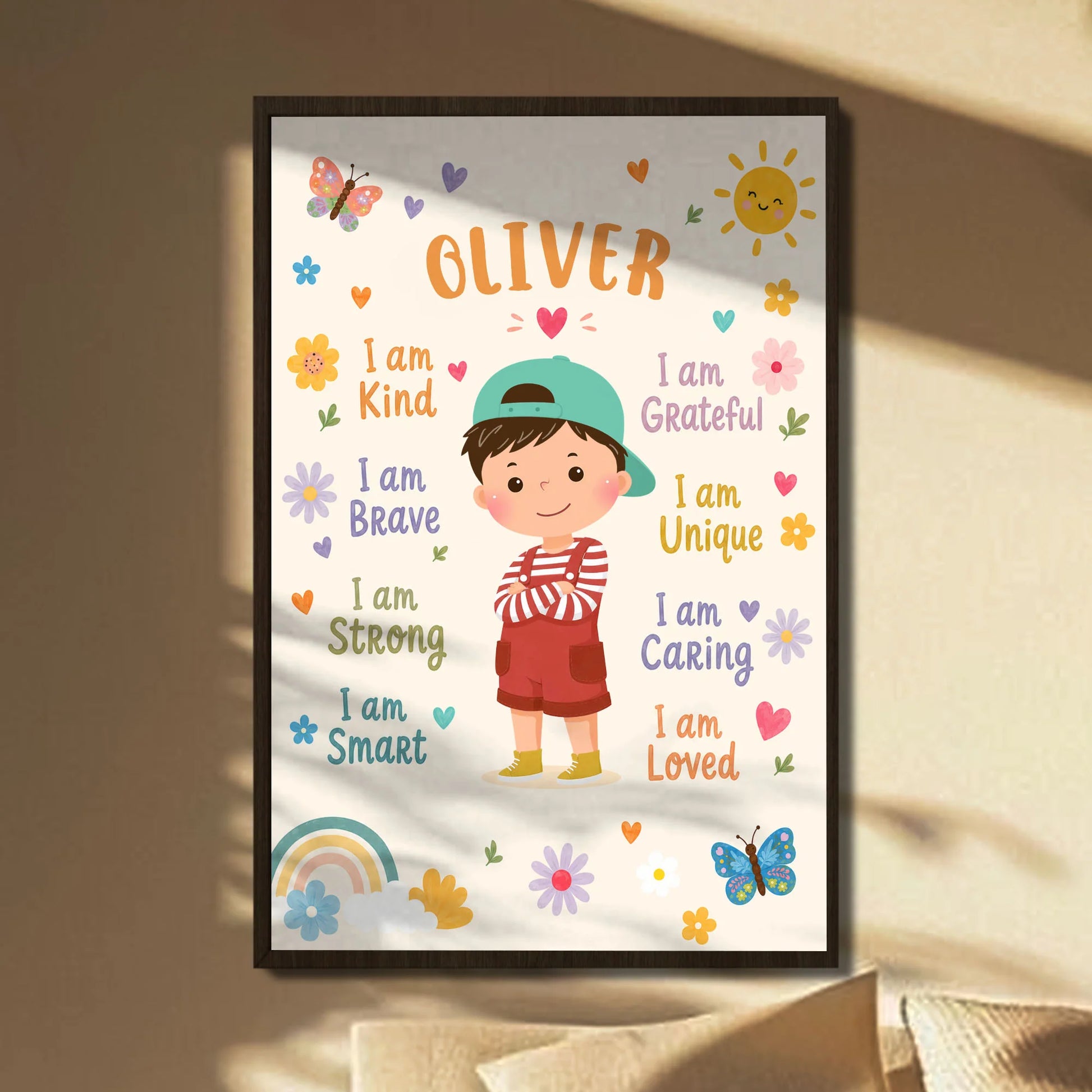 Personalized positive affirmations for kids poster with custom boy cartoon art and uplifting daily quotes