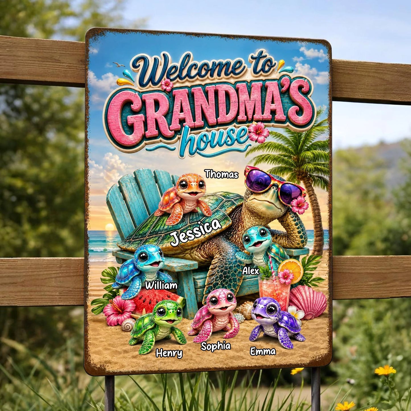Personalized grandma beach metal sign with welcome to grandma's house text and custom grandkids sea turtles image 7