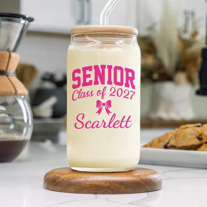 Senior Class of 2027 Custom Name Glass Can - Personalized Graduation Gift