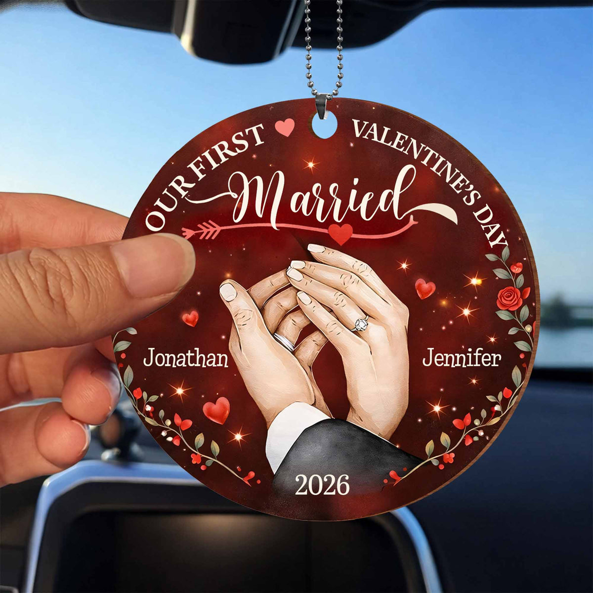 Our First Valentine's Day Married - Personalized Wood Ornament for Couples Keepsake