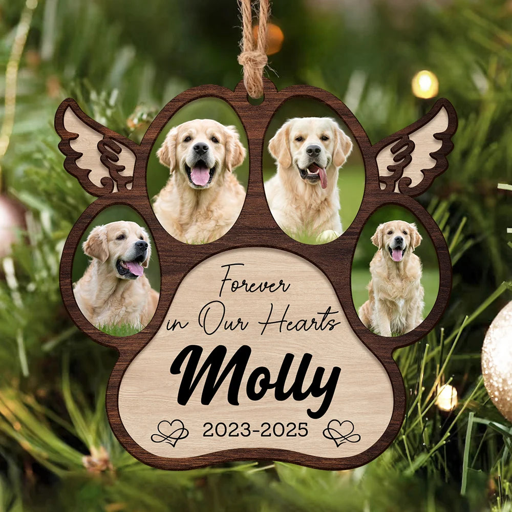 "Forever in Our Hearts" Personalized Pet Memorial Paw Wood Ornament - Custom Photo Dog Loss Keepsake Gift
