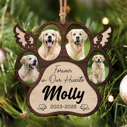 "Forever in Our Hearts" Personalized Pet Memorial Paw Wood Ornament - Custom Photo Dog Loss Keepsake Gift