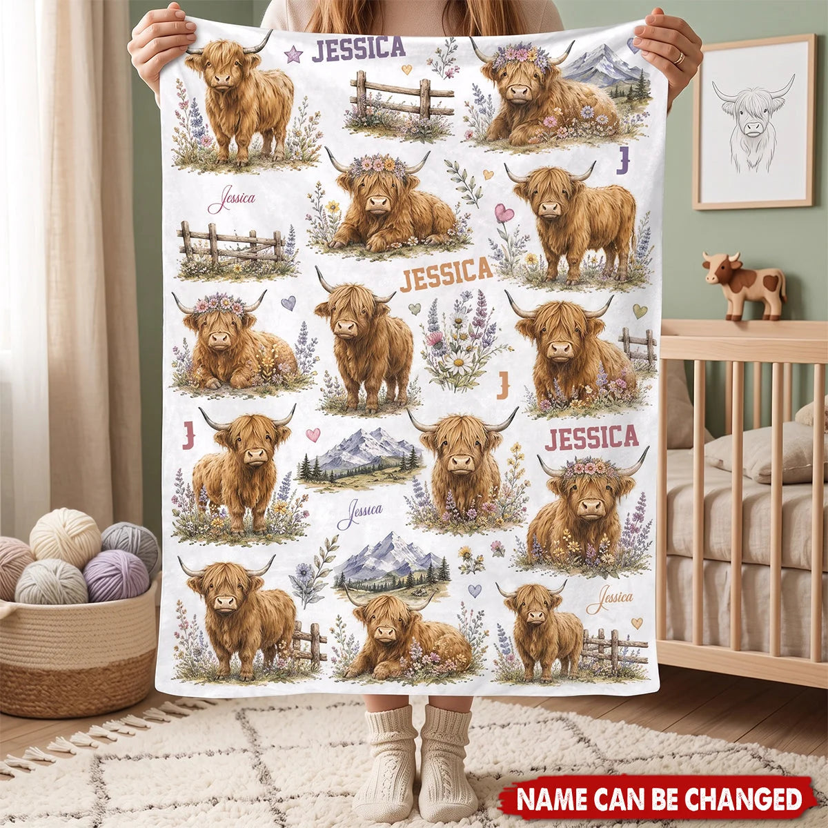 Personalized Highland Cow Baby Blanket - Custom Name Keepsake Gift