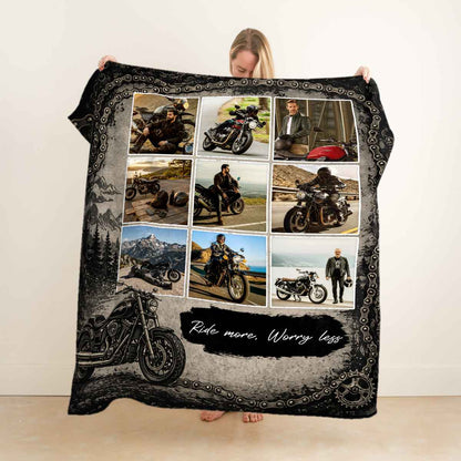 "Ride More Worry Less" Personalized Motorcycle Photo Collage Blanket - Custom Biker Gift for Riders