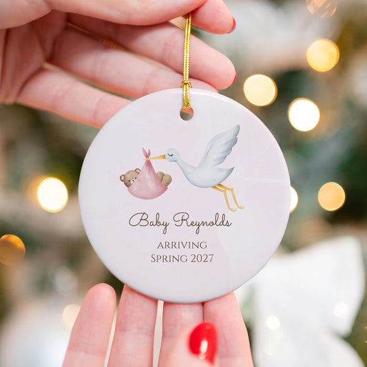 Custom Stork Baby Announcement Ornament personalization view for New Mom / Expecting Mom