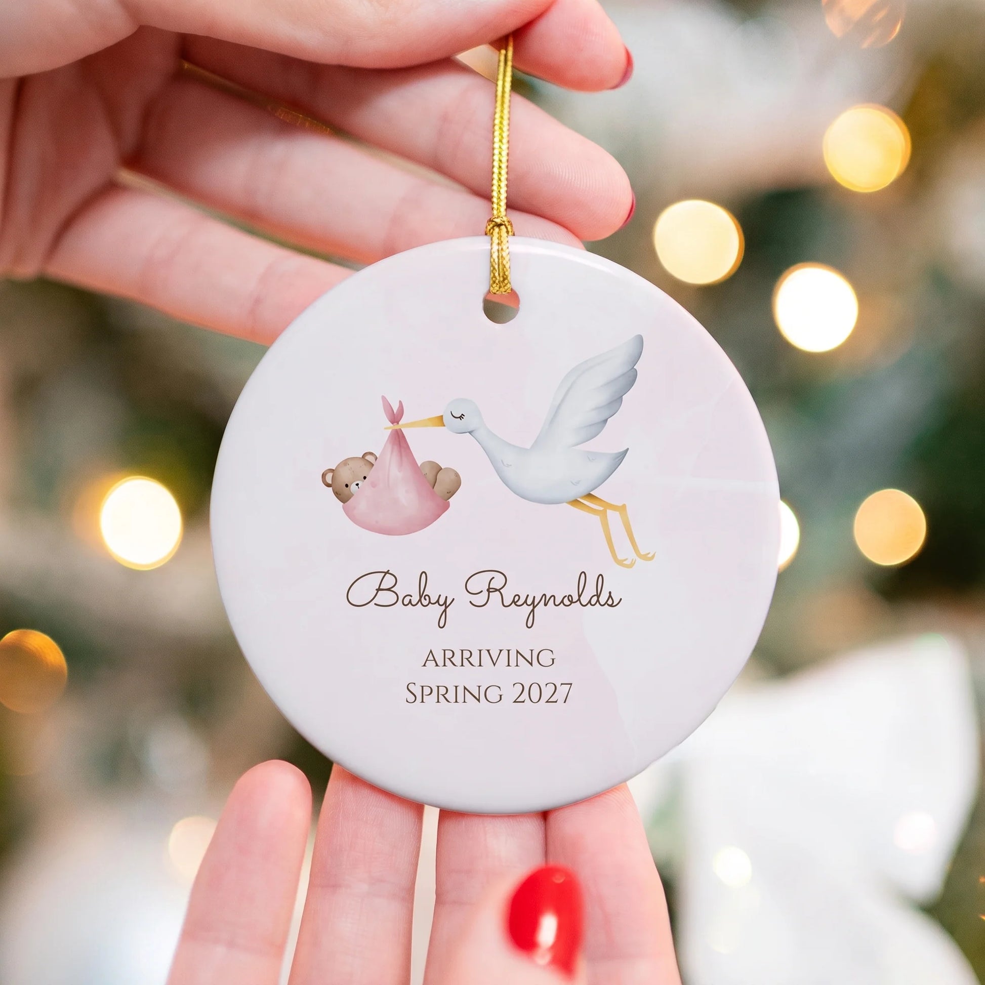 Custom Stork Baby Announcement Ornament personalization view for New Mom / Expecting Mom