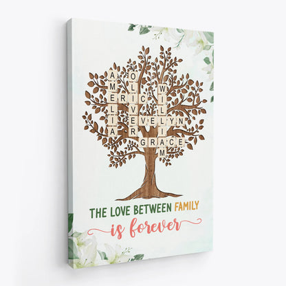 "The Love Between Family Is Forever" Personalized Family Tree Canvas / Poster - Custom Crossword Wall Art Gift