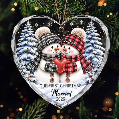 "Our First Christmas Married" Custom Glass Heart Ornament - Personalized Couple Snowman Holiday Keepsake