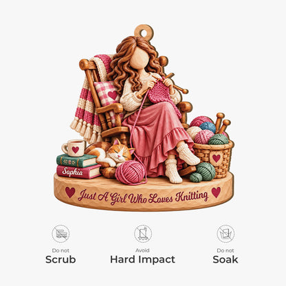 Just A Girl Who Loves Knitting Personalized Wooden Ornament - Custom Craft Gift for Her