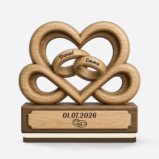 Interlocking Heart Rings Personalized Wooden Plaque - Custom Couple Anniversary Keepsake Gift