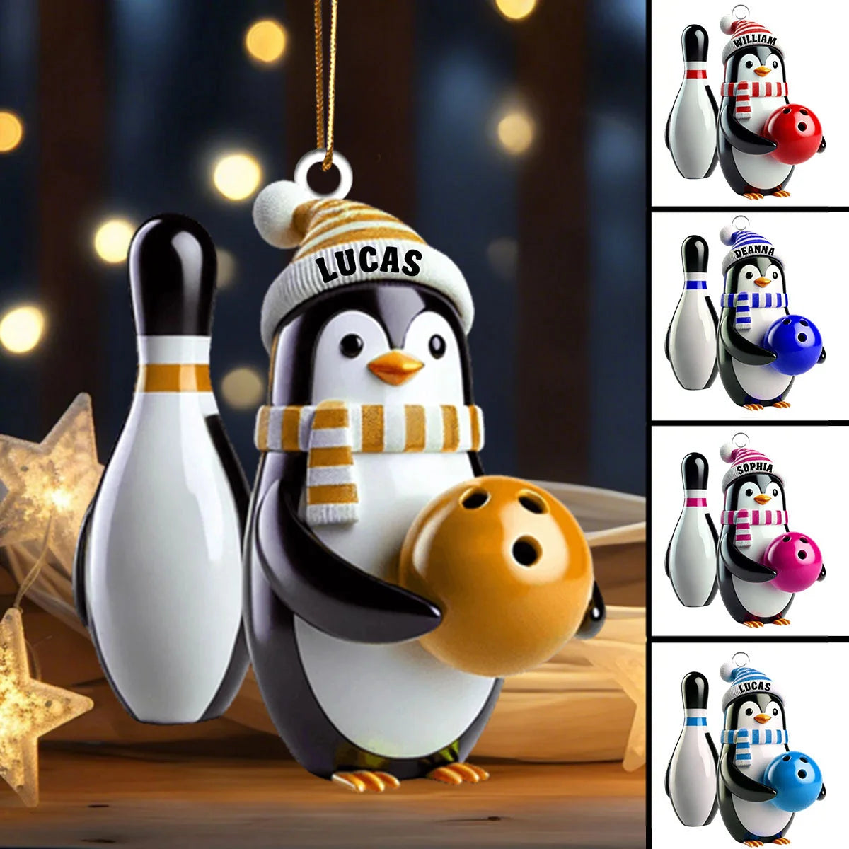 Cute Penguin Bowling Christmas Keepsake - Personalized Wooden Ornament for Bowlers
