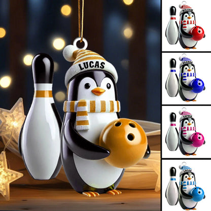 Cute Penguin Bowling Christmas Keepsake - Personalized Wooden Ornament for Bowlers