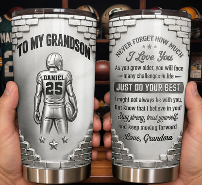 To My Grandson Football Player Personalized Tumbler - Custom Birthday Gift for Grandson