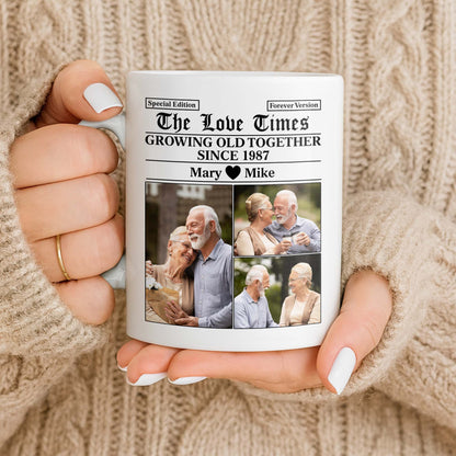 "The Love Times Growing Old Together" Personalized Photo Mug - Romantic Anniversary Gift for Couples