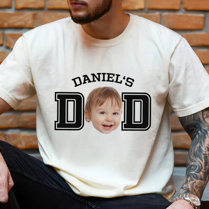 Custom kid photo dad mom comfort shirt featuring personalized baby face graphic and custom name print