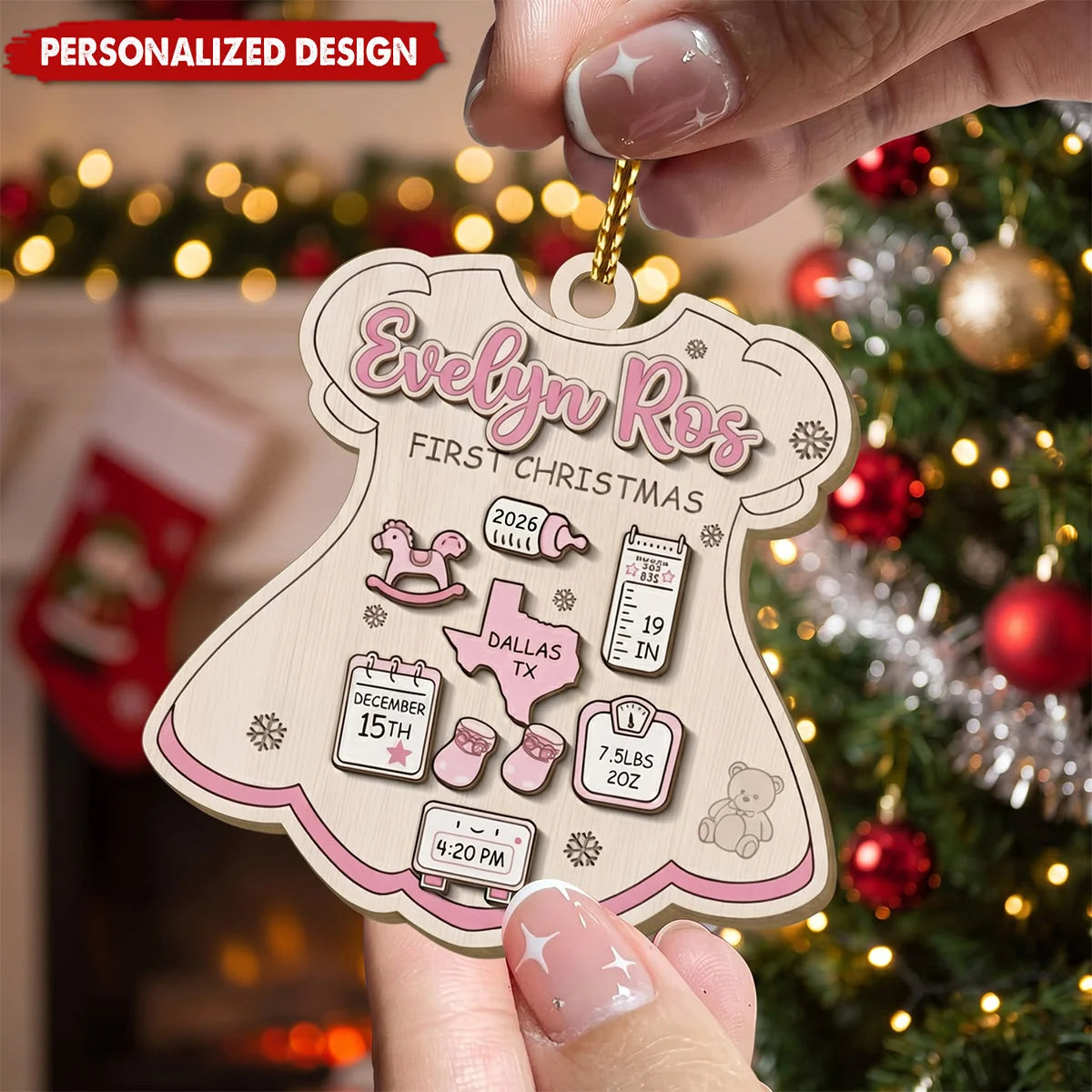 Baby’s First Christmas Personalized Birth Stats Ornament - Custom Wooden Onesie Keepsake Gift