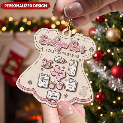 Baby’s First Christmas Personalized Birth Stats Ornament - Custom Wooden Onesie Keepsake Gift