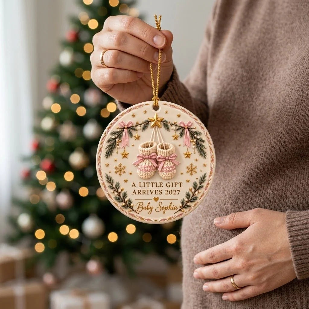 A Little Gift Arrives 2027 Personalized Pregnancy Announcement Ornament - Christmas Keepsake for Expecting Mom