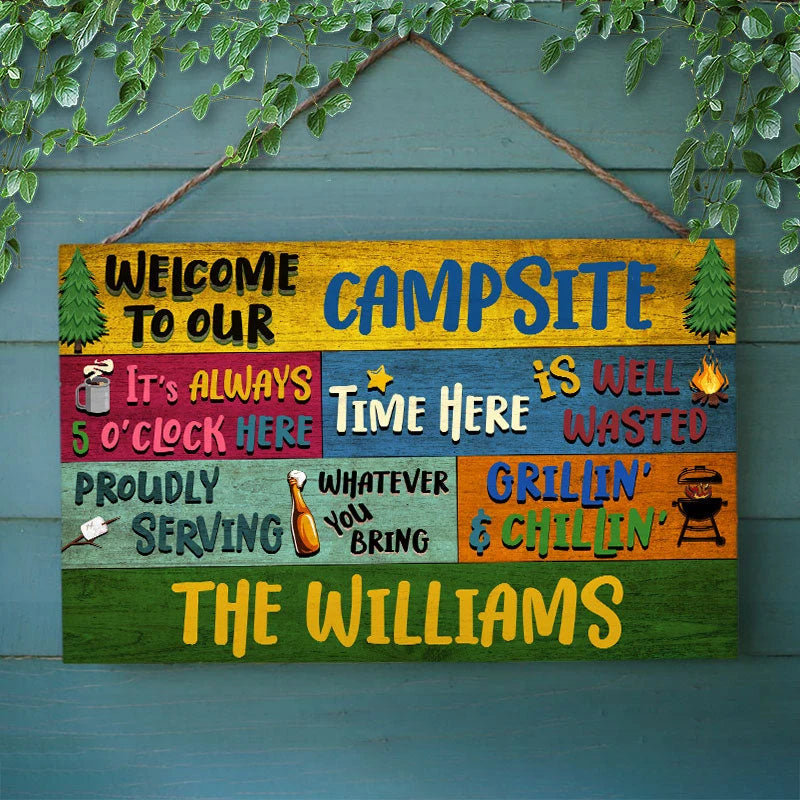 Welcome To Our Campsite Personalized Campsite Sign - Custom Wood Rectangle Sign for Outdoor Grill Decor