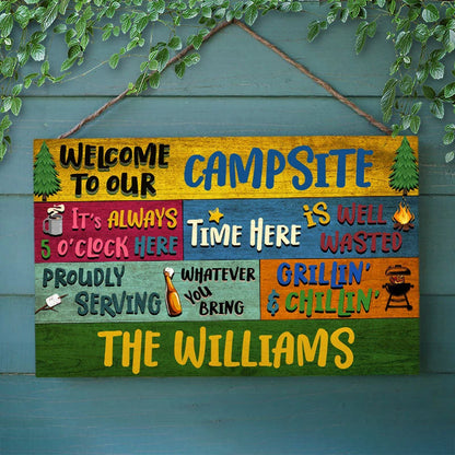 Welcome To Our Campsite Personalized Campsite Sign - Custom Wood Rectangle Sign for Outdoor Grill Decor