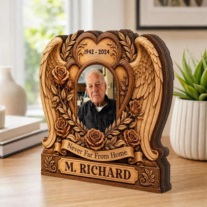 Never Far From Home Personalized Memorial Wooden Block - Custom Photo Keepsake for Family