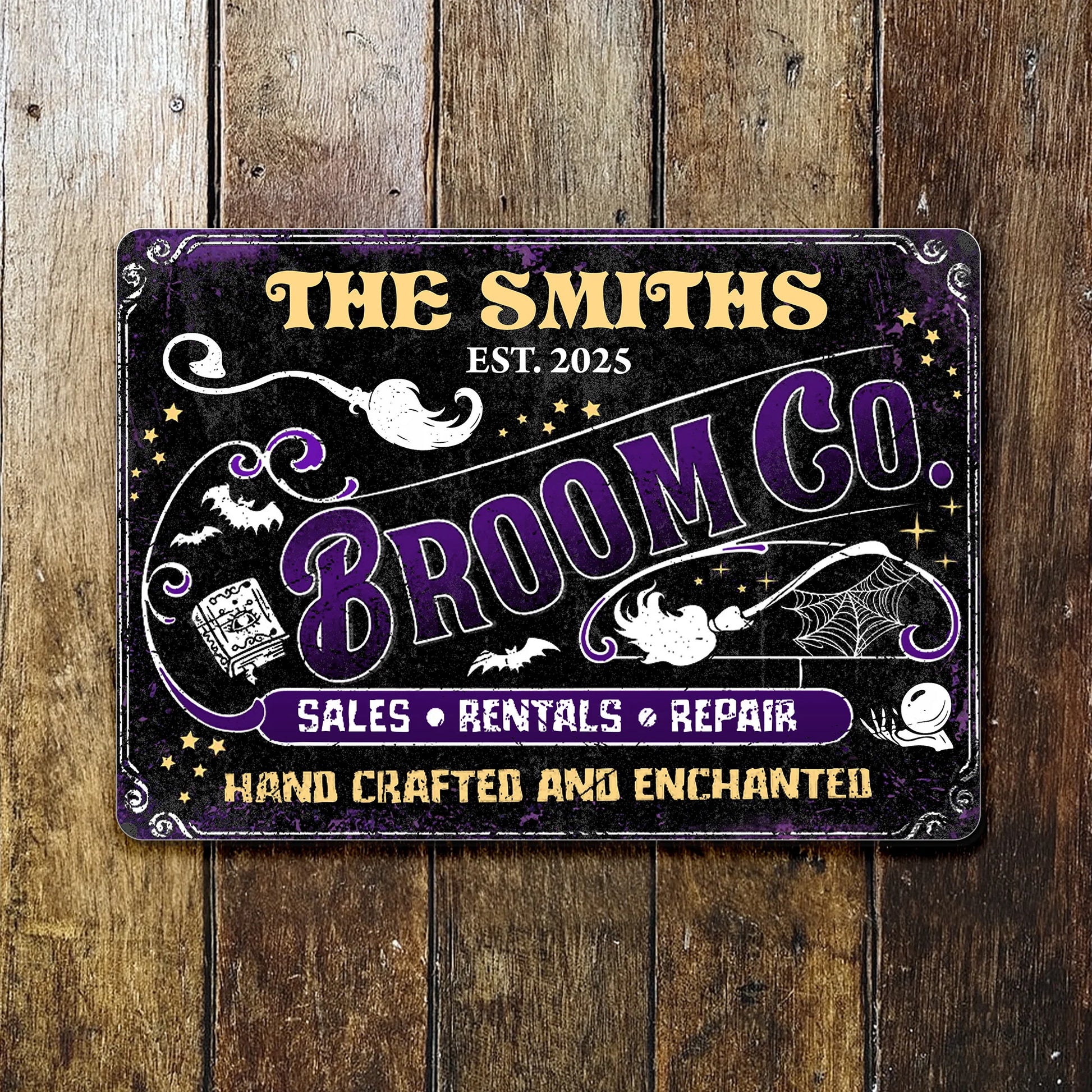 Broom Co. Hand Crafted & Enchanted Personalized Metal Sign - Custom Vintage Halloween Decor for Family