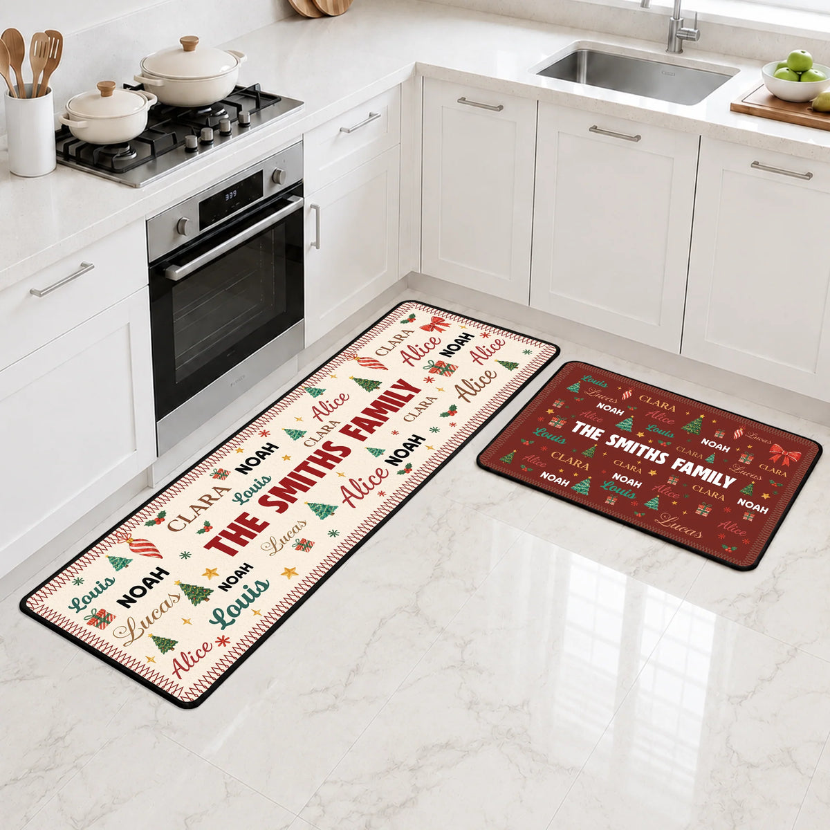 Personalized Christmas Runner Rug - Custom Family Name Kitchen Mat for Holiday Decor