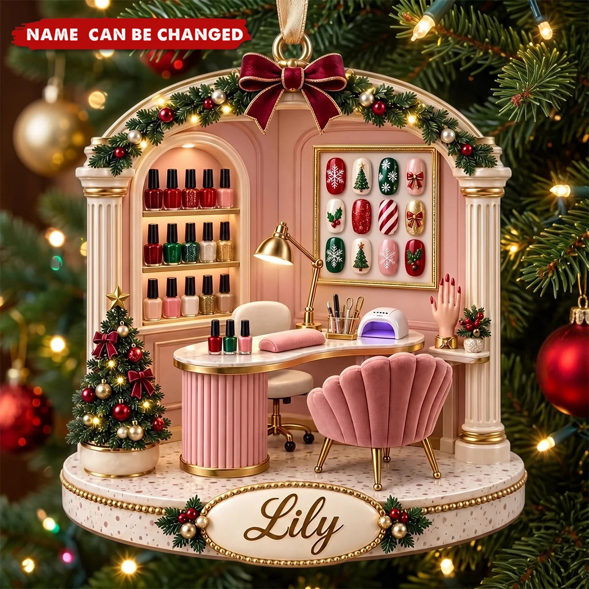 Nail Tech Salon Workstation Personalized Wooden Ornament - Christmas Gift for Manicurist