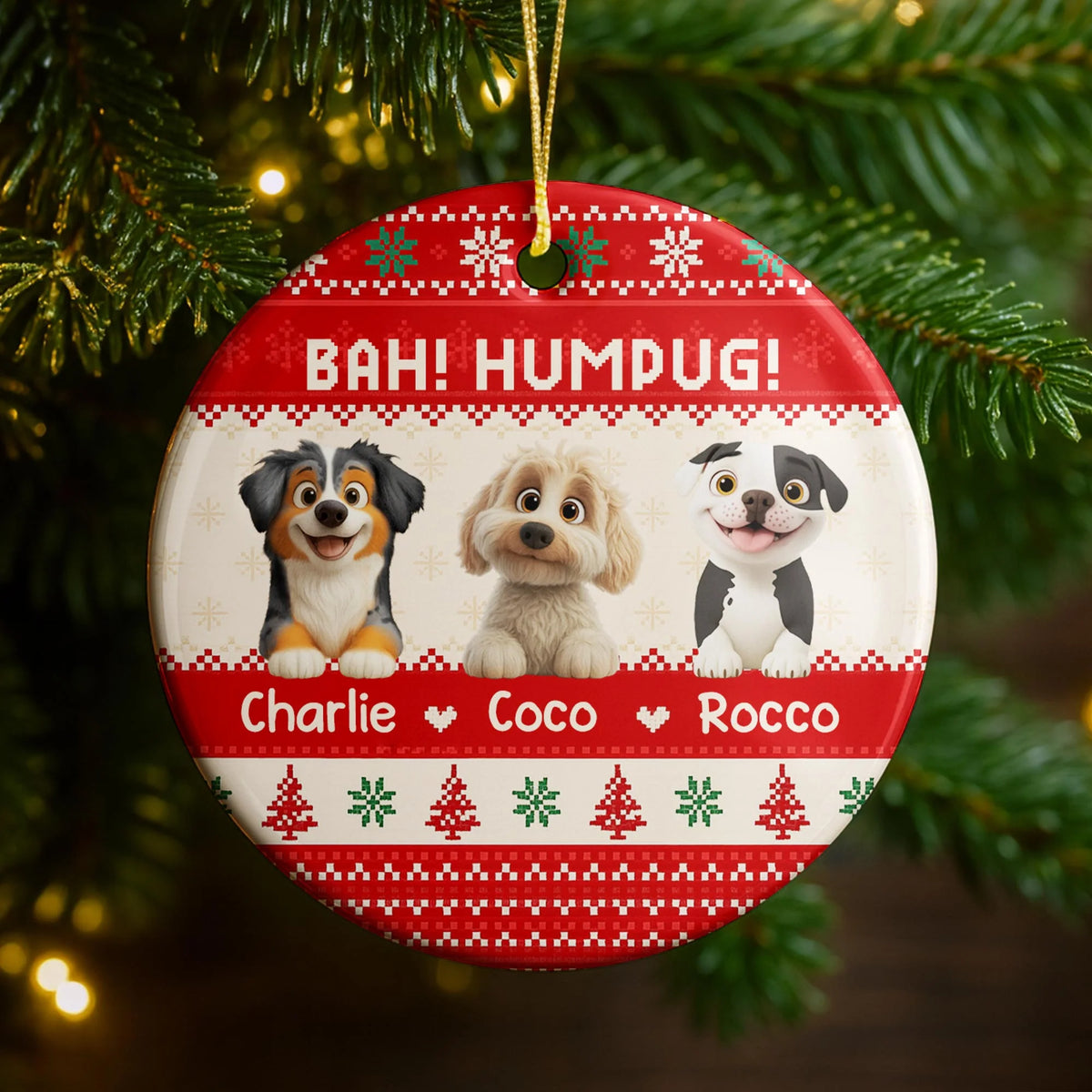 Bah Humpug With Dogs, Christmas Trees And Snowflakes