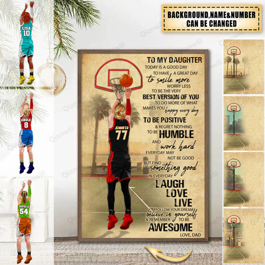 Personalized basketball poster canvas for daughter with custom name and jersey number vintage art print