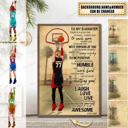Personalized basketball poster canvas for daughter with custom name and jersey number vintage art print