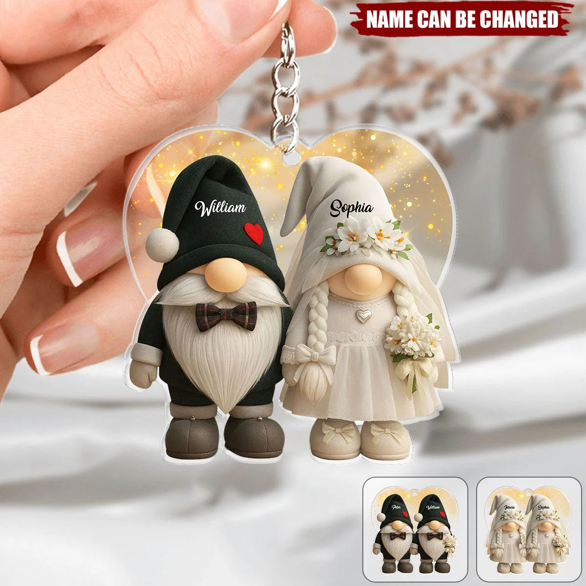 Fairytale Bride & Groom Gnome Keychain - Personalized Acrylic Wedding Keepsake Gift