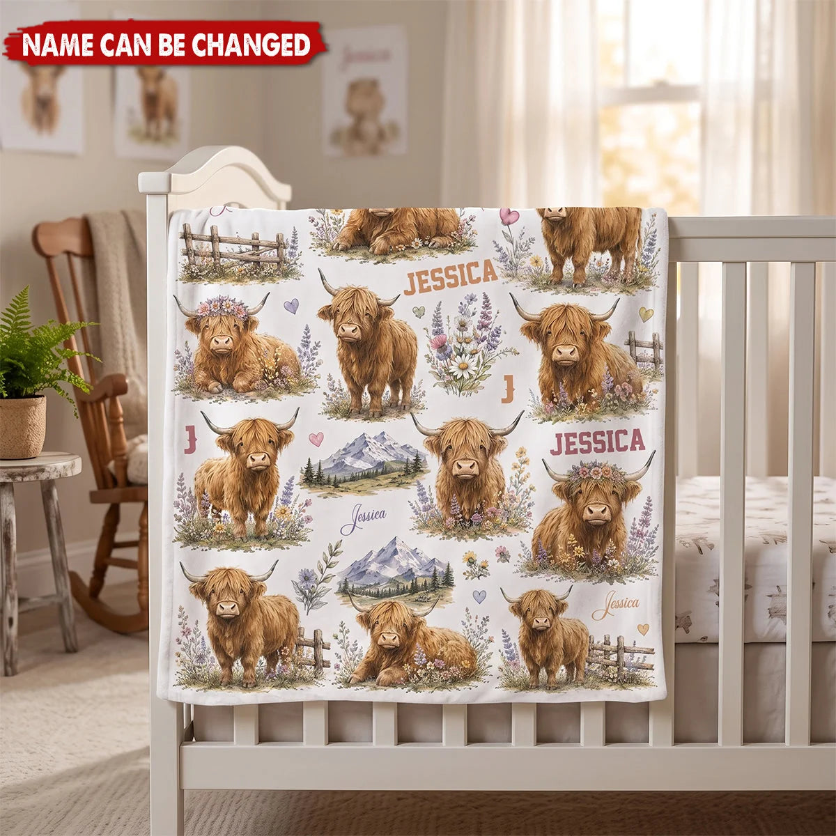 Personalized Highland Cow Baby Blanket - Custom Name Keepsake Gift
