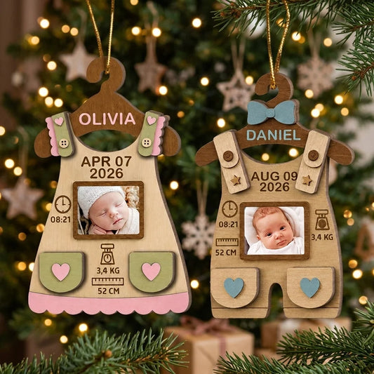 Personalized Baby First Christmas Ornament - Custom Wooden Romper Birth Stats Photo Keepsake Gift for New Parents