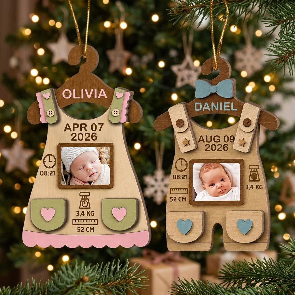Personalized Baby First Christmas Ornament - Custom Wooden Romper Birth Stats Photo Keepsake Gift for New Parents