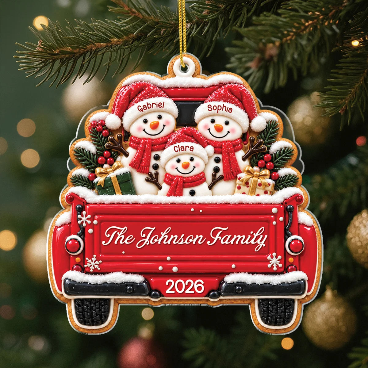 Snowman Family Red Truck Personalized Acrylic Ornament - Christmas Keepsake Gift