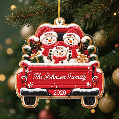 Snowman Family Red Truck Personalized Acrylic Ornament - Christmas Keepsake Gift