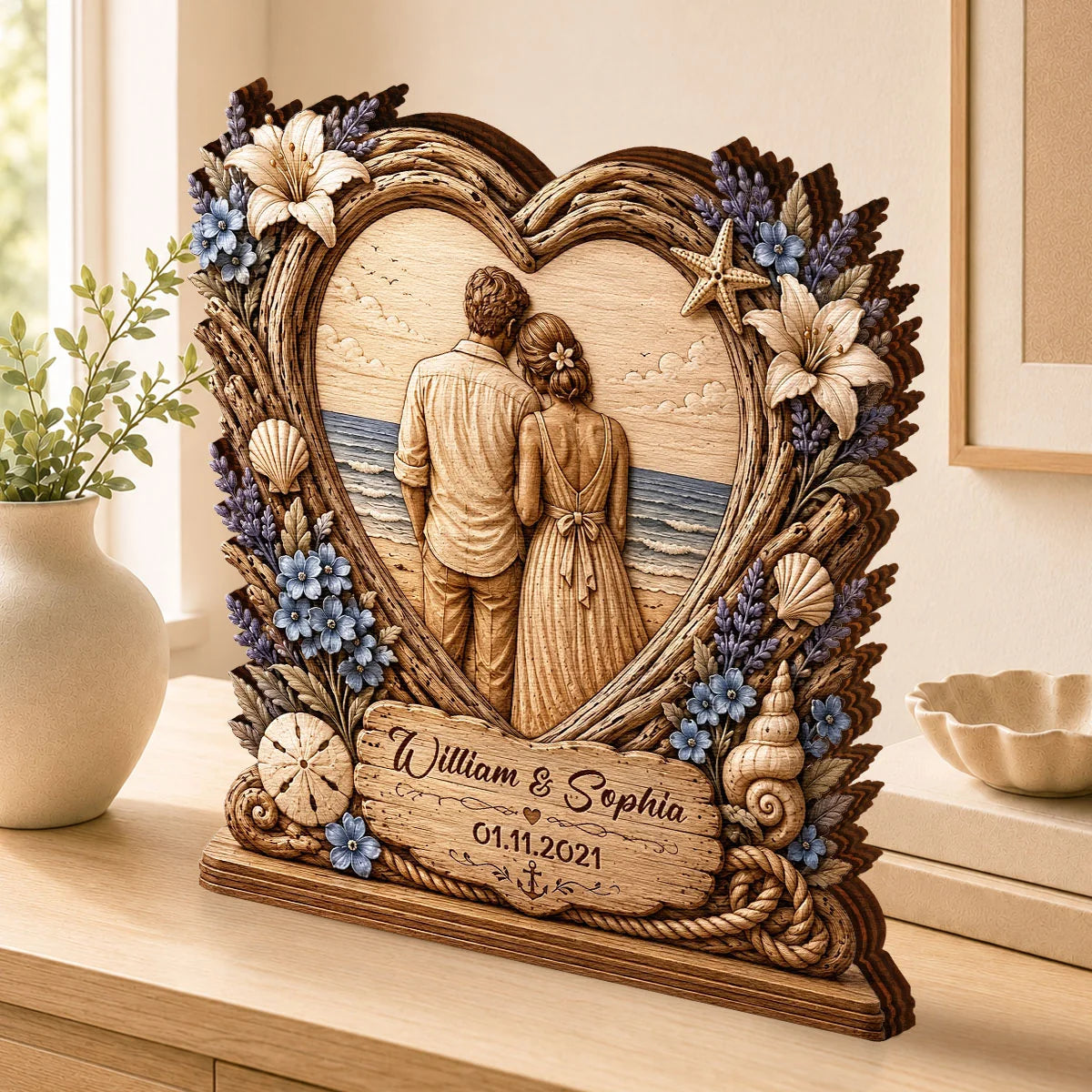 Personalized Beach Ocean Heart Wooden Block - Custom Anniversary Keepsake Gift for Couple